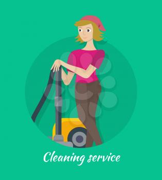 Cleaning service concept vector. Flat style design. Smiling woman character standing with vacuum cleaner. Small private business. Illustration for housekeeping companies and services advertising