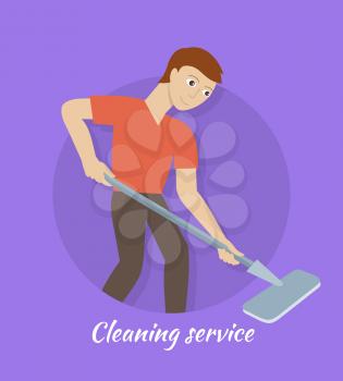Cleaning service concept vector. Flat style design. Smiling man character washing floor mop. Small private business. Illustration for housekeeping companies and services advertising