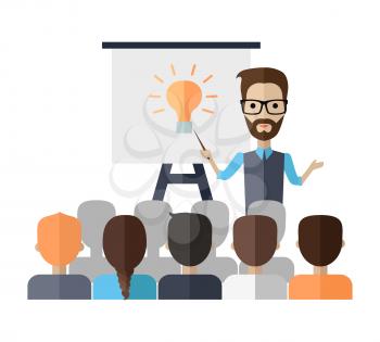 Successful young man with glasses making a presentation near whiteboard with infographics before an audience. Coaching and shows business charts and graphs. Business seminar.