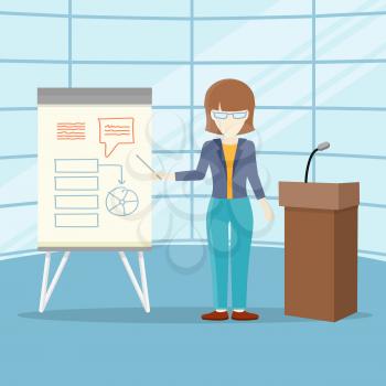 Business lecture concept vector. Flat design. Woman holding seminar near board with infographics. Certification training in office. Illustration for educational companies, career courses ad.  
