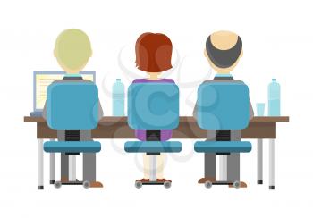 People sitting at a desk and working on the computer, back view. Workplace, make money online, e-business, e-learning, concept. People busy working on laptop computer. Vector illustration in flat.