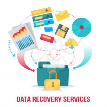 Data recovery services banner. Networking communication and data carriers icons on white background. Data protection, storage service and online cloud storage, security and privacy, safety and backup.