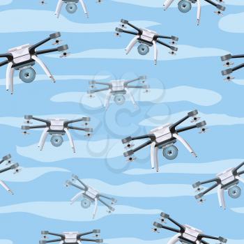 Flying drones seamless pattern vector. Flat design. Drones with four propellers and mounted camera maneuvering in the sky. Modern technology. For wrapping paper, printing on fabric, web pages design