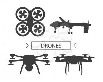 Set of drone flying for aerial photography or video shooting. Set of different quadrocopters icons sign symbols. Unmanned aerial vehicle or aircraft system, without a human pilot aboard. Vector