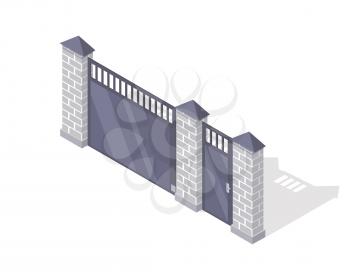 Iron fence with brick columns isolated on white. Gate with wicket in flat style design. Isometric projection. Metal gates, wrought iron, lattice gates and fences for yard. Vector illustration