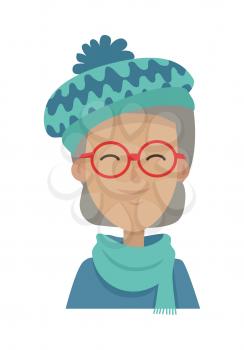 Hat wiuh pompon. Smiling old woman with grey hair in blue-green hat, long scarf, sweater. Contemporary hat with waves. Female wearing round red glasses. White background. Flat design. Vector illustration