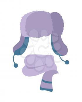 Earflap hat. Woolen warm violet scarf. Violet headwear with two long ear flaps. Scarf twisted around with two blue stripes on white. Stylish winter set for youth. Flat design. Vector illustration