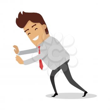 Man pushing unseeing wall. Businessman with tie push something. Sucessfull smiling person isolated on white background. Happy fight with problem. Successful idea banner. Satisfied male. Vector illustration