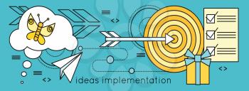 Ideas implementation background in flat. Idea generation, problem solving, strategy solution, analysis innovation, research, brainstorm, good solution, optimization, insight inspiration illustration