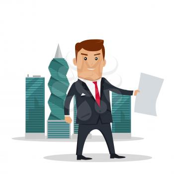 Man in business suite with sheet of paper on panama-city skyscrapers background. Public corruption disclosure. International financial investigation concept. Offshore documents scandal illustration.