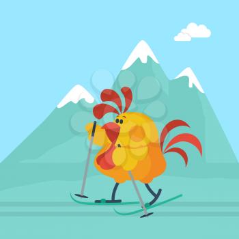 Rooster skiing in mountains. Snow-capped mountains on background flat vector. Chinese zodiac calendar animal character. Active leisure on winter holiday vacation concept