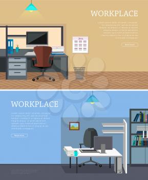 Set of workplace horizontal web banners in flat style. Bright office interior with desk, computer, armchair, ceiling light, shelves with documents. Design of comfortable, modern place for work 
