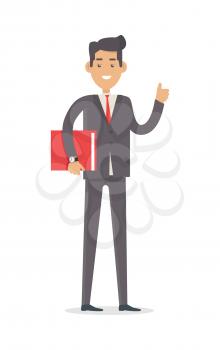Office worker. Rich man in expensive suit isolated on white. Elegant male with documents folder. Successful businessman. Young person in stylish apparel. Handsome guy in modern clothes. Vector