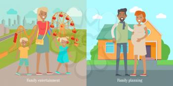 Family entertainment and family planning banners set. Woman with adorable son and daughter in park. Husband and pregnant wife going to buy new house. Happy childhood, expecting baby concept. Vector