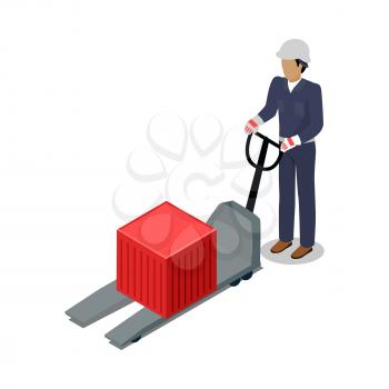 Warehouse worker with container on electric forklift. Dock worker with trolley. Loader isolated on white. Man with hand truck. Loading and unloading cargo goods. Industrial shipping concept. Vector