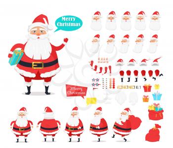 Merry Christmas. Collection of Santa Claus icons. Man with present. Various emotions on face. Bended hands, legs. White mustache, beard. Boxes with presents. Front, back, side view of Santa. Vector