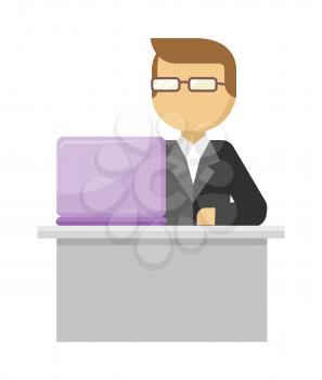 Working person web banner. Man work with laptop and analyze website in flat design style. Developing solution, software development or construction. Search of innovations. Vector illustration