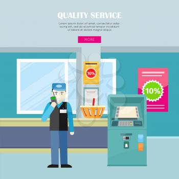 Quality service in supermarket vector banner. Flat style. Security with receiver at the entrance to the store, baskets for goods, announcement of discounts and ATM illustrations for web page design.