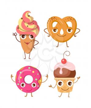 Sweets. Collection of four various confectioneries. Cake in oval shape with whipped cream. Doughnut with pink sprinkles and big hole inside. Ball of ice cream in cone with one cherry. Vector