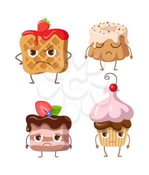 Sweets. Set of belgian waffle, fruit cupcake, round cake, small cake. Belgian waffle with jam and strawberry. Chocolate cupcake with topping and balls. Piece of cake with chocolate cream. Vector