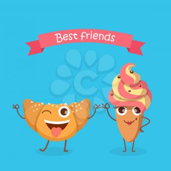 Best Friends. Sweets. Happy bun in simple cartoon style. Isolated fresh baked roll with one open eye and raised hands standing on two legs. Cake in oval shape with yellow-pink whipped cream. Vector