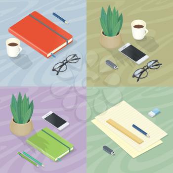 Workplace concepts set. Office supplies, mobile phone, flowerpot, glasses and cup of coffee on table surface vector in isometric projection. Business planning instruments. Stationery for everyday work