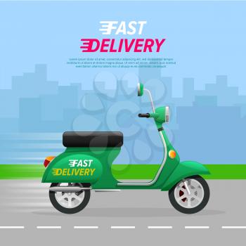 Fast Delivery. Green motorcycle on asphalt road. Contemporary fast two-wheeled mean of transportation driving quickly through city. A lot of high buildings in flat design on blue background. Vector
