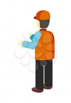 Man character in orange uniform and cap from back. Vector in flat style design. Warehouse, post, store storage worker. Courier or deliveryman holding something. Isolated on white background.