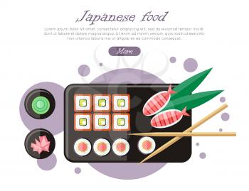 Japanese food illustration in flat style. Japan sushi with wasabi and ginger. Restaurant asian food, rice and seafood, fish sushi, asia dinner, fresh sushi and chopstick, oriental lunch logo. Vector