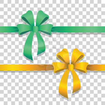 Two ribbons with bows on transparent background. Green and yellow narrow long lines with bright bows. Two bobs with four wide petals, with short tails in cartoon design. Front view. Flat style. Vector