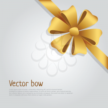 Vector bow web banner. Golden wide ribbon in right corner. Isolated bow of six tied bright petals, without tails. Colourful decoration for boxes, presents, gifts. Cartoon style. Flat design. Vector