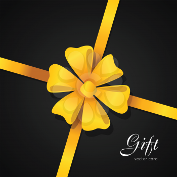 Gift vector card. Big yellow bow with six petals in center of picture. Gift. Bright narrow long ribbon. Simple cartoon style. Front view. Cute decoration for holiday. Flat design. Anniversary concept