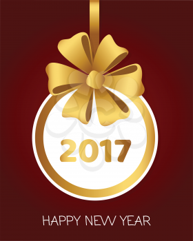 Happy New Year 2017 round banner with golden ribbon and big bow. Toy with white center. Christmas tree decoration. Bright bow with six petals. Simple cartoon design. Front view. Flat style. Vector.