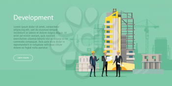 Development. Three businessmen in yellow helmets discussing new project. Bag of money. Unfinished high yellow building behind. Industrial cranes. Web Banner. Cartoon design. Flat style. Vector