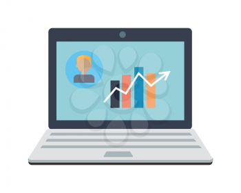 Laptop monitor isolated on white. Business graph and chart on screen. Workspace training design flat. Educational business technology and management. Part of series of successful leadership. Vector