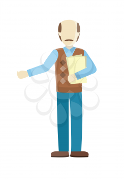 Man private personage in front waving her hand. Bald man in brown sweater and blue pants with documents. Isolated vector illustration on white background.