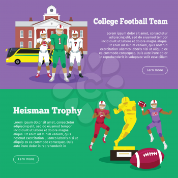 Colleage football team, Heisman Memorial Trophy web banners set. High school on background. Heisman trophy and american football players. Sport team game. Cartoon icons of football players. Vector