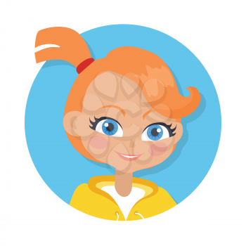 Girl with red pigtail and forelock avatar userpic. Portrait of nice female person with blue eyes. White t-shirt, yellow jacket. Simple cartoon style. Front view. Flat design. Vector illustration