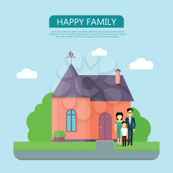 Happy family on the background of red house with purple roof. Home house in flat design style. Home, building, house exterior, real estate, family house, modern house. Website template.