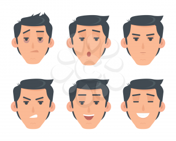Man face emotive icons. Smiling, angry, surprised, laughing, serious, tired male head flat vector set isolated on white. Human psychological portraits. Variety emotions concept. For app, web design