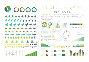 Military infographic elements set. Aircraft, tanks, helicopters, missile, soldier, paratrooper isolated vector silhouettes. Armament symbols, armed forces icons, various colored diagrams and data