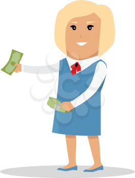 Female character with bundle of money vector. Flat style design. Blonde smiling woman in blue strict dress standing and holding dollar banknotes. investment, wages, income, credit, savings concept.