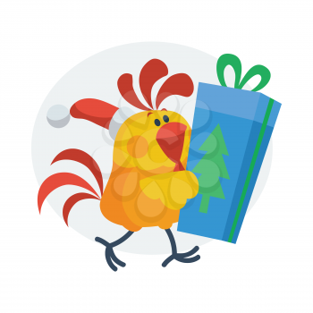 Rooster with gift box. Cock in Santa hat with wrapped present isolated flat vector. Chinese zodiac calendar animal character. Cute rooster cartoon for New Year greeting card, xmas holiday invitation