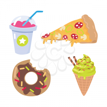 Collection of kinds of food. Pink smoothie in closed cup with blue straw. Piece of pizza with salami, mushrooms, cheese. Chocolate doughnut with confetti. Ice cream cone. Cartoon style. Vector