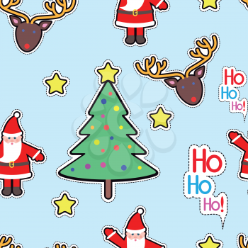 Santa Clause, deer, tree decorated with ball and star seamless pattern. Christmas elements in simple cartoon style. New Year. Wallpaper design endless texture. Fabric textile. Vector illustration