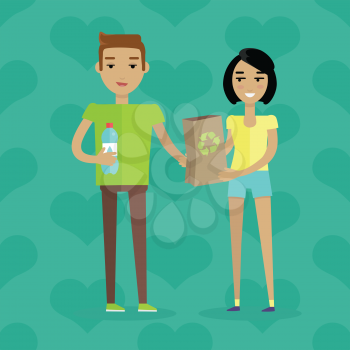 Environmental responsibility vector concept. Flat design. Man and woman standing together with plastic bottle and paper bag with recycle sign in hand. Nature care. On green background with hearts