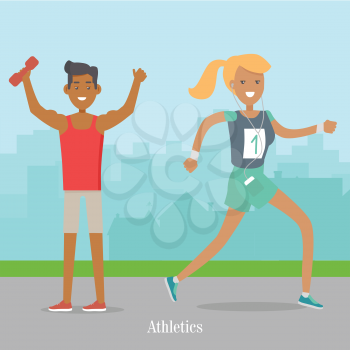 Sport banner athletics. Girl runs in earphones. Athletics sport template. Summer recreational colorful banner. Competitions, achievements. People going in for sport in the park. Vector illustration