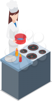 Restaurant. Female cook holding pot with water. Process of cooking Woman in special clothes standing near cooker with four burners. Working place with two bottles of sauces and cutting board. Vector