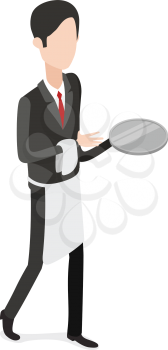 Restaurant. Full length picture of isolated waiter walking with an empty steel tray in one hand and white towel in another. Hasher wearing black classical suit with red tie and white apron. Vector