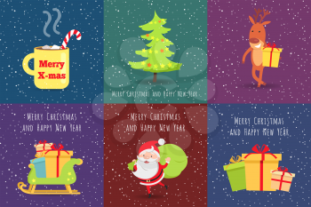 Merry Christmas and Happy New Year. Set of Icons. Merry X-mas yellow cup. Christmas tree. Deer with gift box. Wooden sleigh with many boxes of presents. Santa Claus with green sack of gifts. Vector